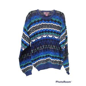 VTG 80s CONCRETE MIX Sweater Men's Large  Crew Neck Textured 3D Crazy Blue Green